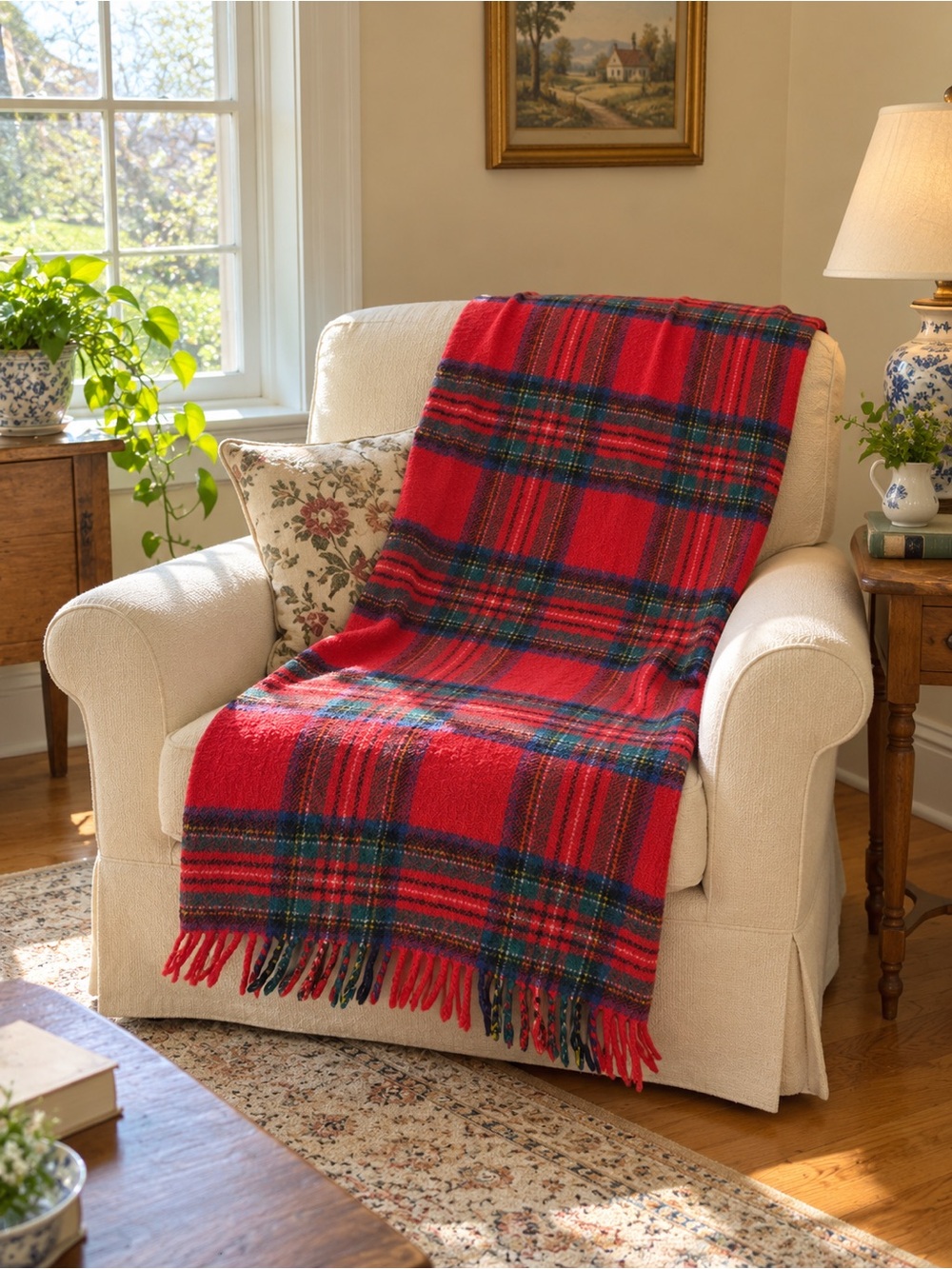 Vintage Red Tartan Plaid Throw Blanket Fringe Wool Rustic Cabin Christmas Decor